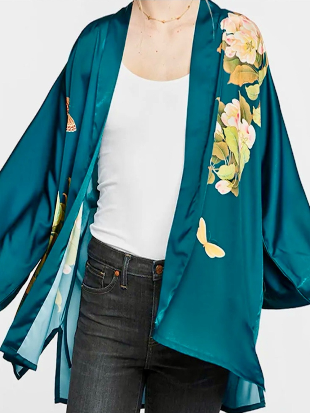 Teal Floral Satin Kimono Blouse with Butterfly Detail